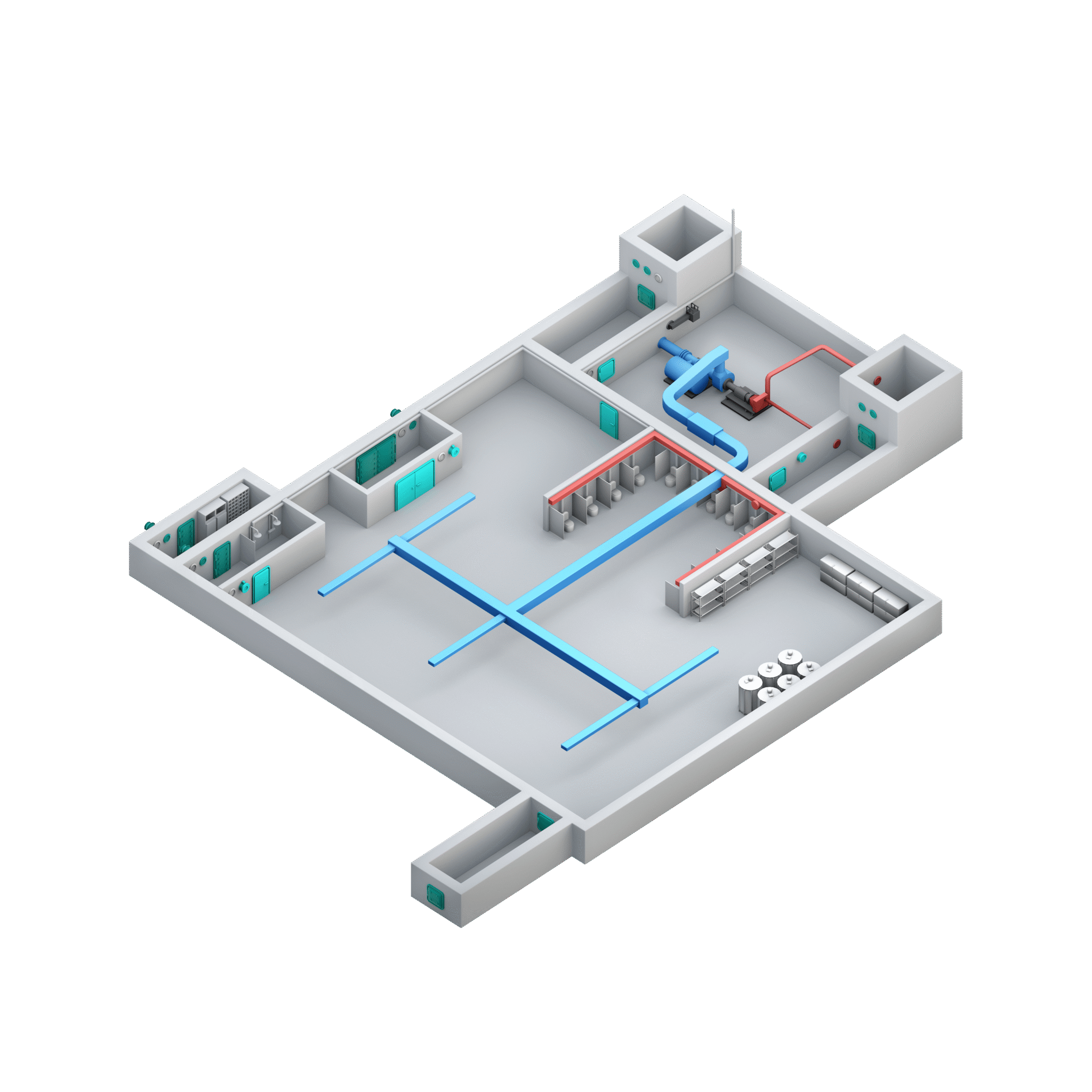 Cross-section diagram of a civil protection shelter showing component layout and air flow system